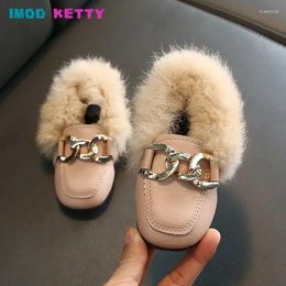 Boots 2024 Warm Cotton Plush Fluffy Fur Kids Baby Loafers With Metal Chain Girls Flats Children Fashion Winter Shoes