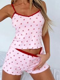 Women's Tracksuits 2 Piece Pyjama Set Sleeveless Cherry Print Cami Tops Casual Shorts Sleepwear Sets