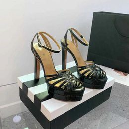 Ankle Strap Platform Heels Sandals Pumps 13mm Gold Sier Chunky Block Dress Designer Party Wedding Shoes