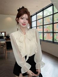 Women's Blouses Gagaok 2024 Autumn French Design Bow Chiffon High End Ruffle Edge Standing Neck Shirt Top For Women