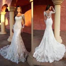 Elegant Mermaid Wedding Dresses Lace Appliques Bridal Gowns Long Sleeve Custom Made Sweep Train Bride Dresses Plus Size