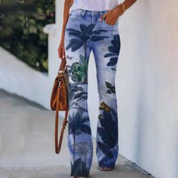 Women's Pants Micro Flared Long Multiple Choice Printed Casual Loose Comfortable Trousers Fashion Stretch Blue Jean