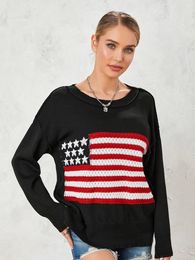 Women American Flag Sweater Vintage Print Long Sleeve Crewneck Knitted Jumper 90s Aesthetic Knit Pullover Streetwear 240201