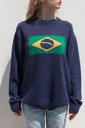 Y2K Women Winter Vintage 90s Brazil Flag Knit Sweater Aesthetics Long Sleeve Sweaters Oversize Pullover Tops Clothes 240201