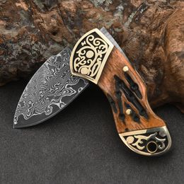 New Damascus Pocket Folding Knife Drop Point Blade Cow Bone with Brass Head Handle Small EDC Folder Knives Best Gift