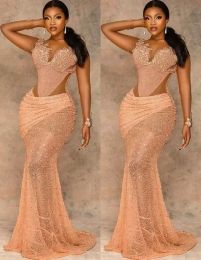 Plus Size Arabic Aso Ebi Mermaid Gold Lace Prom Dresses Sheer Neck Beaded Evening Formal Party Second Reception Gowns Dress BC18034