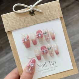 Handmade Pink Press on Nails Cute Korean Design Medium-length Reusable Adhesive False Nails Artifical Full Cover Nail Tips Art 240201