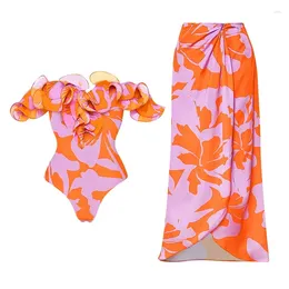 Women's Swimwear 2024 2Pc High Quality One Piece Swimsuit Floral Ruffle Print Bathing Suit Push Up Shoulder Summer Beachwear