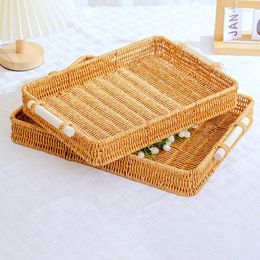 Plates 1PC Fruit Basket Hand-Woven Rattan Plate Rectangular Serving Tray With Handles Imitation Coffee Table Home Kitchen