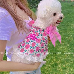 Dog Apparel Summer Flower Princess Dress Pet Clothing Dogs Suspender Skirt Clothes Costume French Bulldog Print Cute Pink Girl Mascotas