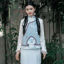 Ethnic Clothing 2024 National Flower Embroidery Satin Jacquard Vest Chinese Traditional Stand Collar Oriental Vintage Waistcoat