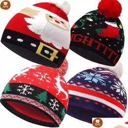 Party Hats Winter Warm Knitted Slouchy Beanies Kids Christmas Chunky Pom Hat Cartoon Xmas Skl Cap Raindeer Elk Santa Snowflake Ski Out Dhq1H