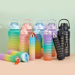 3pcsset Large Capacity Sports Water Bottle Portable Gradient Drinking Plastic Cup Outdoor Travel Fitness Straw Drinkware 240129