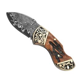 Special Offer Damascus Pocket Folding Knife Drop Point Blade Cow Bone with Brass Head Handle Small EDC Folder Knives Best Gift