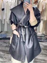 Women's Leather Jacket Autumn High Quality Real Sheepskin Mid Long Trench Coat Belted Loose Fit Office Ladies Cloak Lapel Collar Ge2024