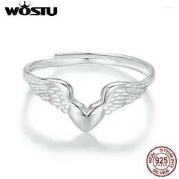 Cluster Rings WOSTU Real 925 Sterling Silver Angel Wing Opening Ring For Women Punk Gift Guard Heart Simple Fine Jewellery Birthday