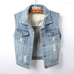 Women's Vests Korean Vintage Washed Blue Slim Short Denim Vest Women Frayed Hole Cowboy Waistcoat Lapel Single-breasted Sleeveless Jean