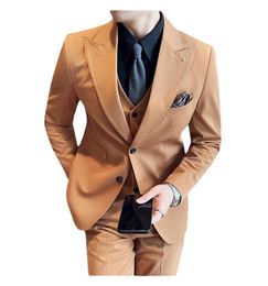 Mens Suit Set Lapel Collar Single Two Button Luxury Groom's Formal Dress Solid Color High Quality Suit Three Piece Set