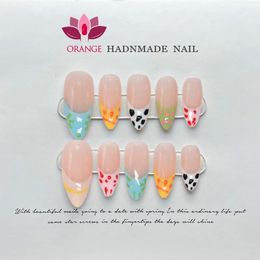 Handmade Almond Press On Nail Reusable French Colourful Fake Nails Full Cover Artificial Manicuree Wearable Orange Nail Store 240201