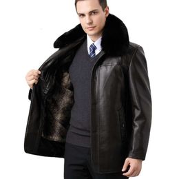 Winter Middle Designer Aged Mens Detachable Inner Lining Leather Jacket Button Sheepskin Coat with Real Fur Collar and Thickened Velvet 3MR4