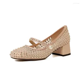Dress Shoes Rhinestones Mesh Thick Heel Pumps Sexy Round Head Crystals Strap Decorated Chunky Wedding Party Single For Woman