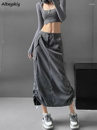 Skirts Cargo Women Big Pockets Retro Shirring European Style Y2k High Waist Trendy Streetwear Midi Simple All-match Cool Summer
