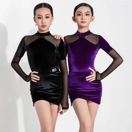 Stage Wear 2024 Latin Dance Competition Clothing For Girls Velvet Long Sleeved Fishbone Skirt Suit Chacha Rumba Tango Dress DQS15394