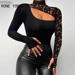 Women's T-Shirt Women Chic Patchwork Hollow Out Half High Neck Long Sleeves Bodycon Sexy Black Blouse Tops L240201