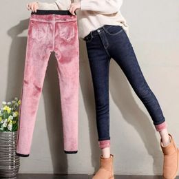 Winter Women's Fleece Lined Jeans High Waist Thick Comfy Warm Stretchy Denim Pants Trousers For Girls 240129