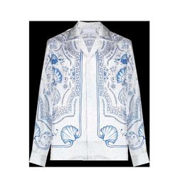 24ss Casablanca Fanglue tourism tennis club White marble swan men's and women's fashion Hawaiian long sleeved shirt casablanc