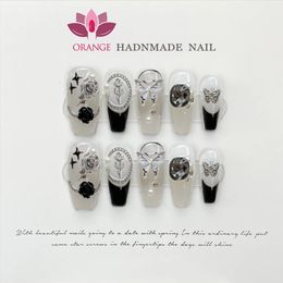 Handmade Acrylic Press Ons Medium Glitter Decoration Black Fake Nails Full Cover Artificial Manicuree Wearable Orange Nail Store 240201