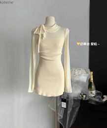 Basic Casual Dresses Womens Beige A-line Evening Dress Elegant Long Sleeve Bodycon Mini Dresses Vintage 90s Y2k One Piece Frocks 2000s Clothes 2024 YQ240201