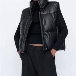 Fashion Streetwear Women Puffy Vest Winter Thick Parkas Jacket Black PU Female Coats Faux Leather Down Waistcoat Loose Lady 240123