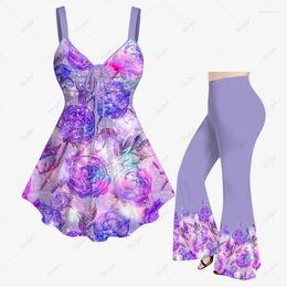 Women's Two Piece Pants Plus Size Matching Set Rose Flower Glitter Sequin 3D Print Daily Casual Cinched Tank Top Or Flare Suit