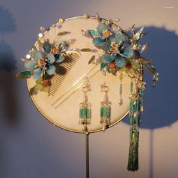 Hair Clips Chinese Style Bride Classical Wedding Show He Headwear Handmade Blue Flower Tassel Hairpin Accessories