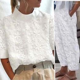 Women's Two Piece Pants 2024 Lady Loose Pieces Suit Spring Summer Hollowed Out Cotton Linen Lace Women Casual Pockets Solid Colour Top