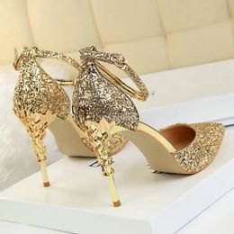 Sexy Women Low 7.5cm 9.5cm High Heels Sandals Wedding Scarpins Metal Heels Sandals Strap Stiletto Bridal Glitter Gold Pumps