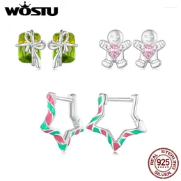 Stud Earrings WOSTU 925 Sterling Silver Merry Xmas Gift Rainbow Star Crystal Box Studs Christmas Pink Gingerbread Man Earring