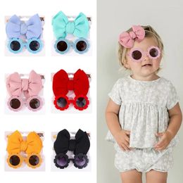 Hair Accessories 2Pcs/Set Fashion Solid Colour Bow Toddlers Elastic Band Sunglasses Set For Kids Sunshade Protective Glasses