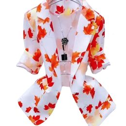 Lapel Pockets Women Blazer Elegant Ink Painting Single Button 3D Pine Cone Pattern Thin Suits Coat Outerwear 240201