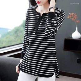Women's T Shirts Spring Autumn Striped Split Hem Contrast Long Sleeve V Neck Loose All-match Tops Tees Casual Fashion Women Clothing