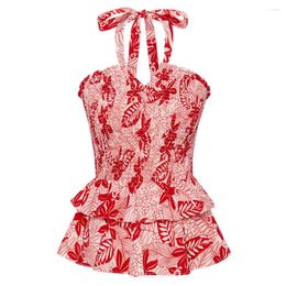 Women's Tanks Women Sexy Slim Tops Floral Printed Dual Layer Peplum Hem Comfy Smocked Bodice Halterneck Corset Top