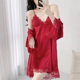 Women's Sleepwear Lace Nightgown Kimono Bathrobe Suit Women Robe Set Elegant Summer Silky Satin Nightwear