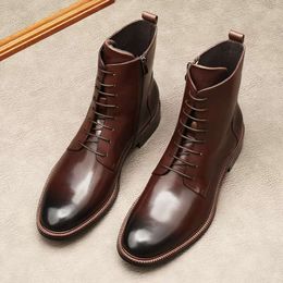 Fashion Men's Genuine Leather Formal Casual Man Ankle Black Brown Zipper Dress Boots