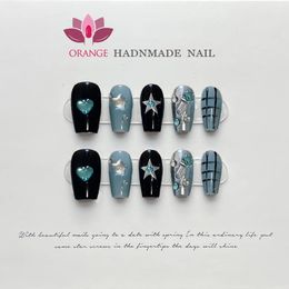 Handmade Korea Blue Press On Nails Cute Reusable Decoration Fake Nail Full Cover Artificial Manicuree Wearable Orange Nail Store 240201