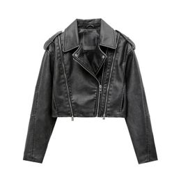 ZVRI Women's short make old effect imitation leather motorcycle jacket women's washed Grey leather coat 240125