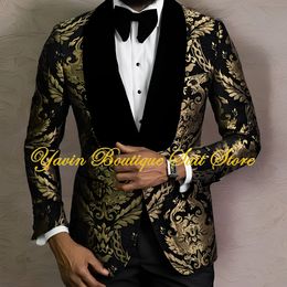 Floral Jacquard Men Suit 2 Pieces Set Velvet Shawl Lapel Wedding Groom Tuxedo Slim Fit Blazer Prom Male Clothes
