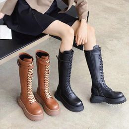 Boots Women Knee-High Autumn Winter Woman Fashion Lace-up Ladies Zipper Botas Mujer Platform Heel Shoes