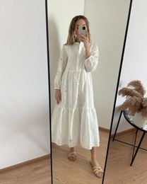 Women Elegant Embroidered Lace White Female Splicing Dress Floral Hollow Out Loose Casual Party Vestidos 240127