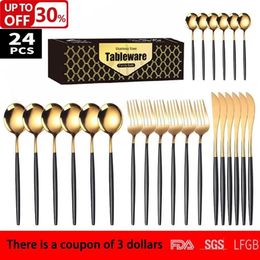 Dinnerware Sets 24Pcs Cutlery Set Stainless LNIFE Fork Spoon Flatware Steel Gold Color Dishwasher Gift Box Kitchenware227D